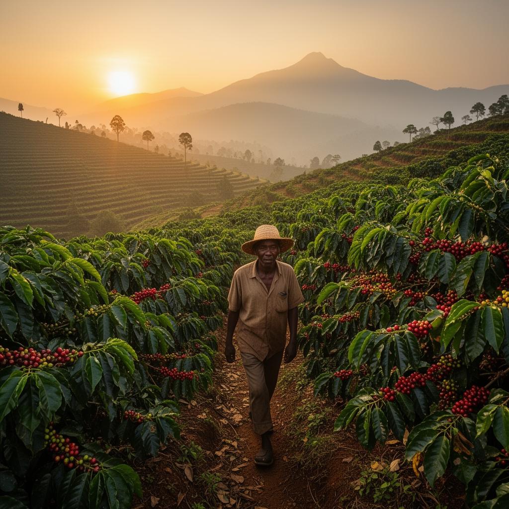 Ethiopian coffee plantation at sunrise